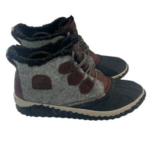 Sorel Out N About Duck Boots Womens 9.5 Grey Burgundy Felt Waterproof Outdoor